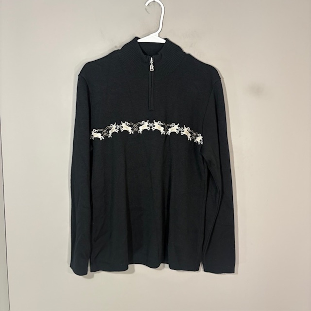 Bogner Sweater Womens Large Black Wool Acrylic 1/4 Zip Mock Neck Pullover Knit